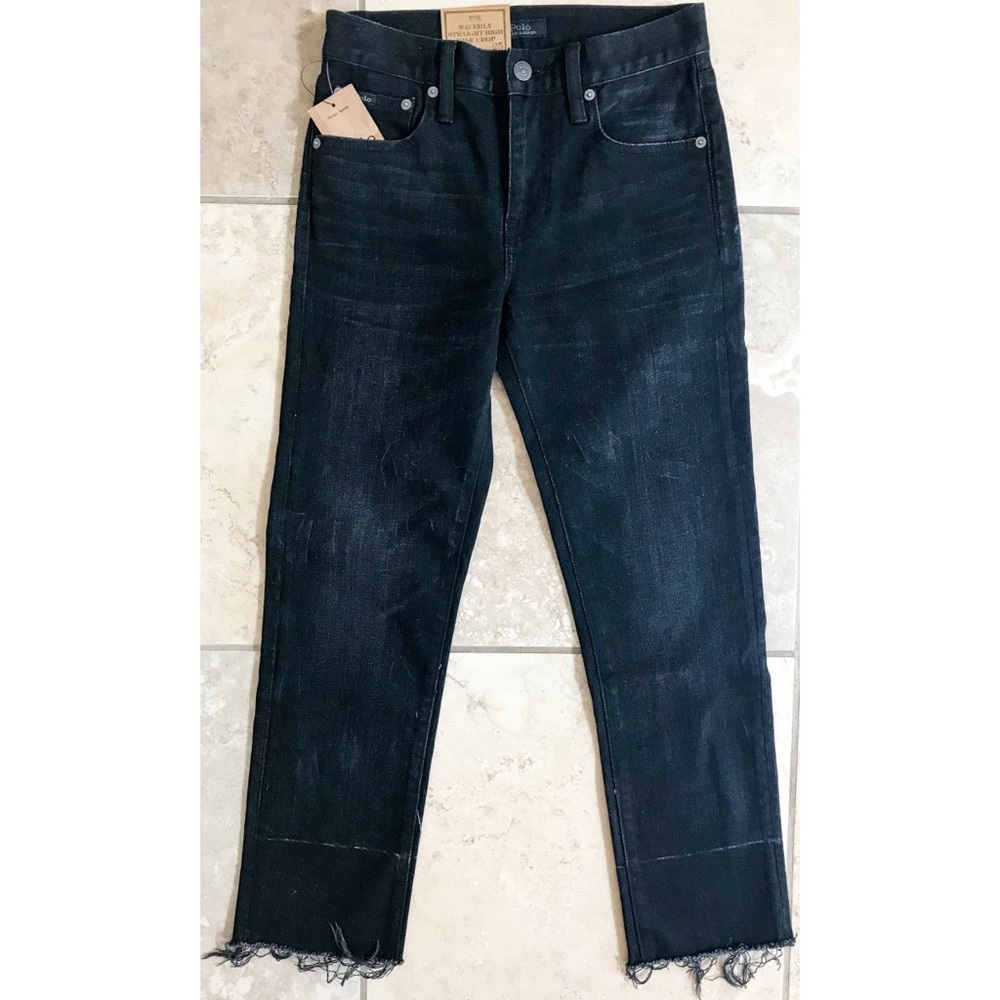 NWT Ralph Lauren Waverly Straight High Rise Crop Raw Frayed Jeans Denim Black